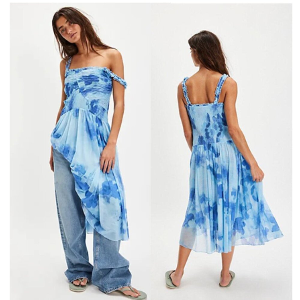 NEW Free People Tessa Smocked Midi Dress Flowy Blue Sz M